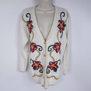 Vintage Laura Gayle Christmas Cardigan Womens M Beige Gold Red Poinsettia Knit